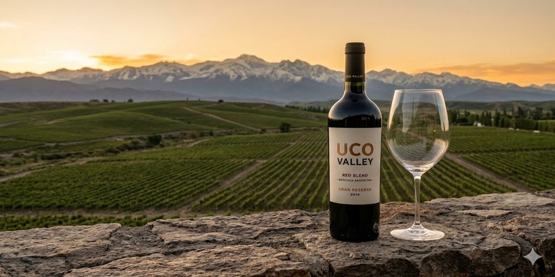 Khung cảnh Majestic vùng Uco Valley và Chai Red Blend Cao cấp