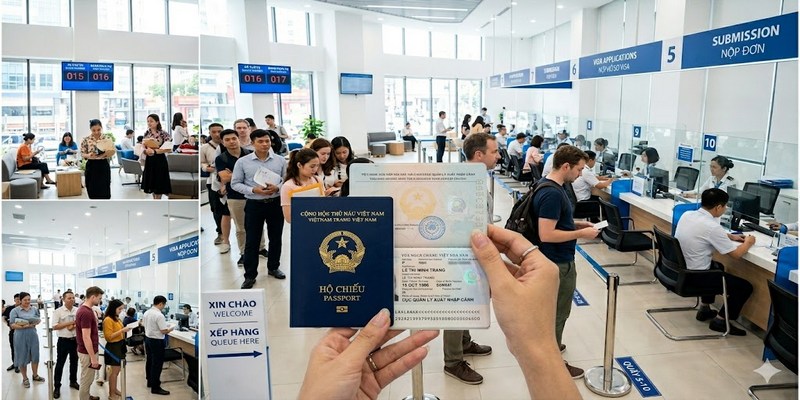 Nơi mọi người đang làm thủ tục nộp hồ sơ visa