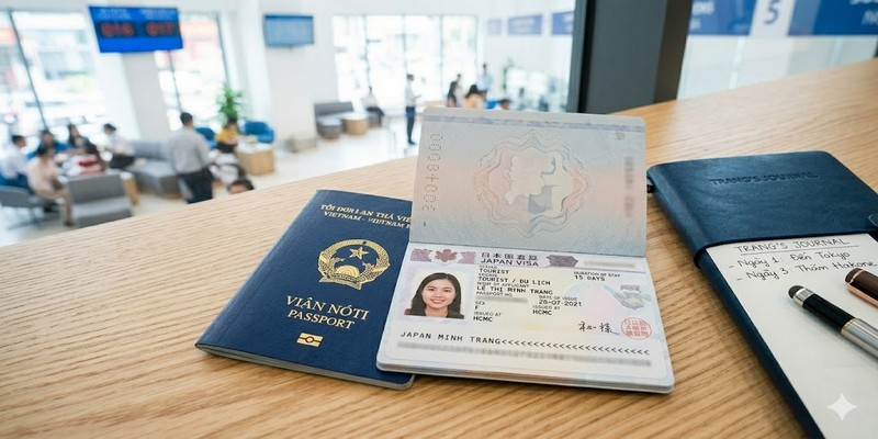 Cận cảnh trang hộ chiếu được mở phẳng trên bàn gỗ